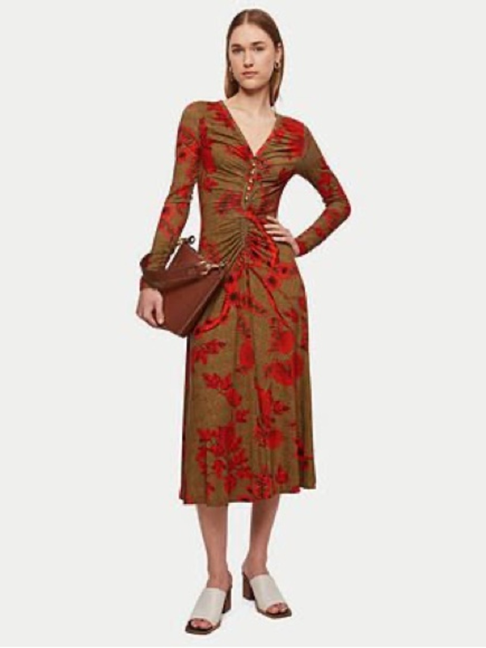 Jigsaw Dahlia Floral Ruched Midi Dress